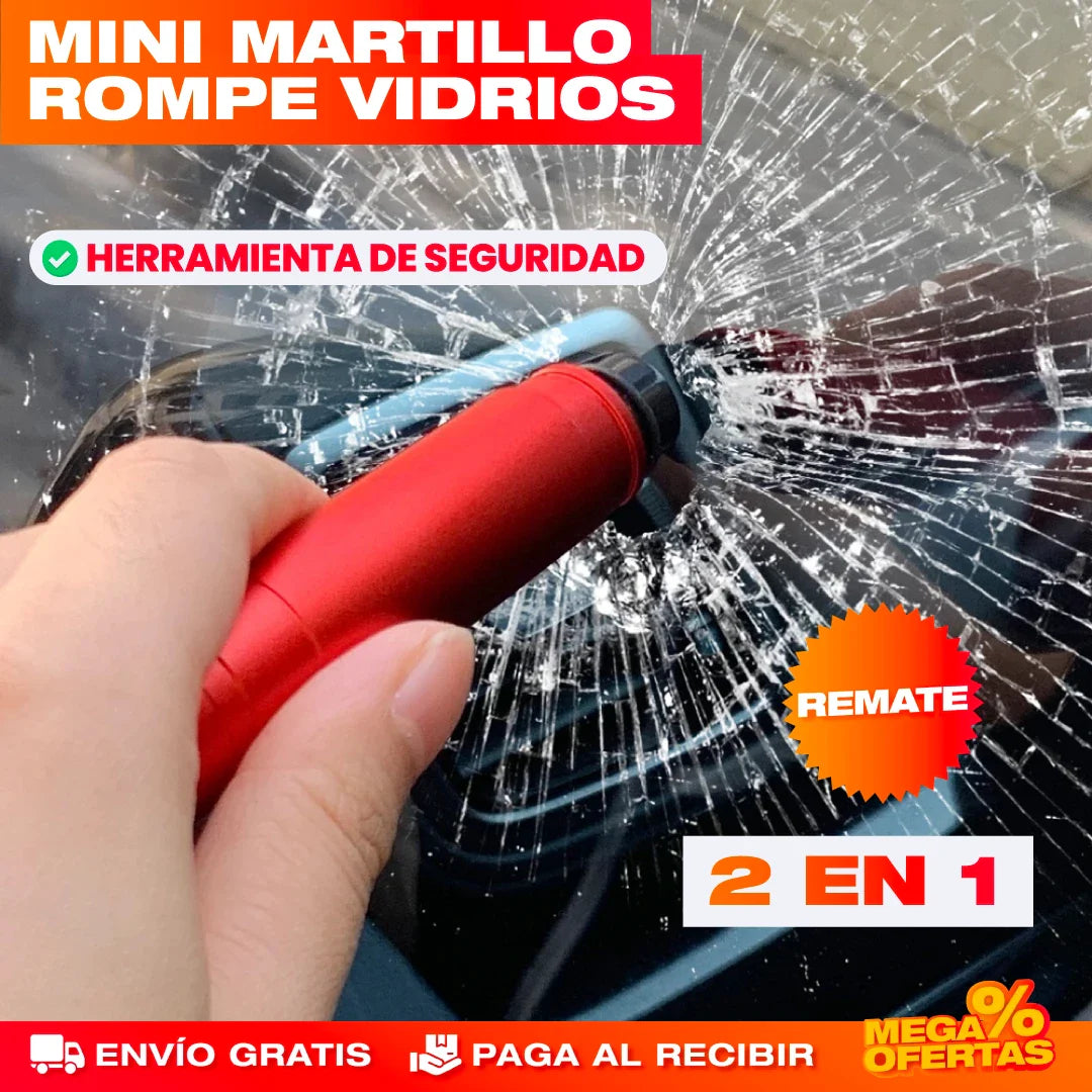 HERRAMIENTA MINI MARTILLO DE SEGURIDAD ROMPEVIDRIOS 2 EN 1