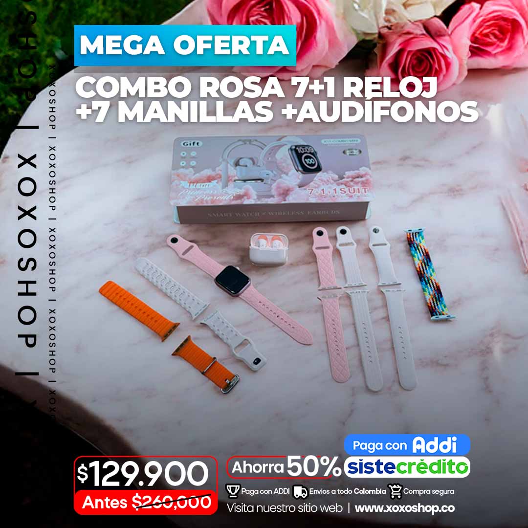 .Reloj rosa 7 en 1 inlcuye 7 manillas+audifonos