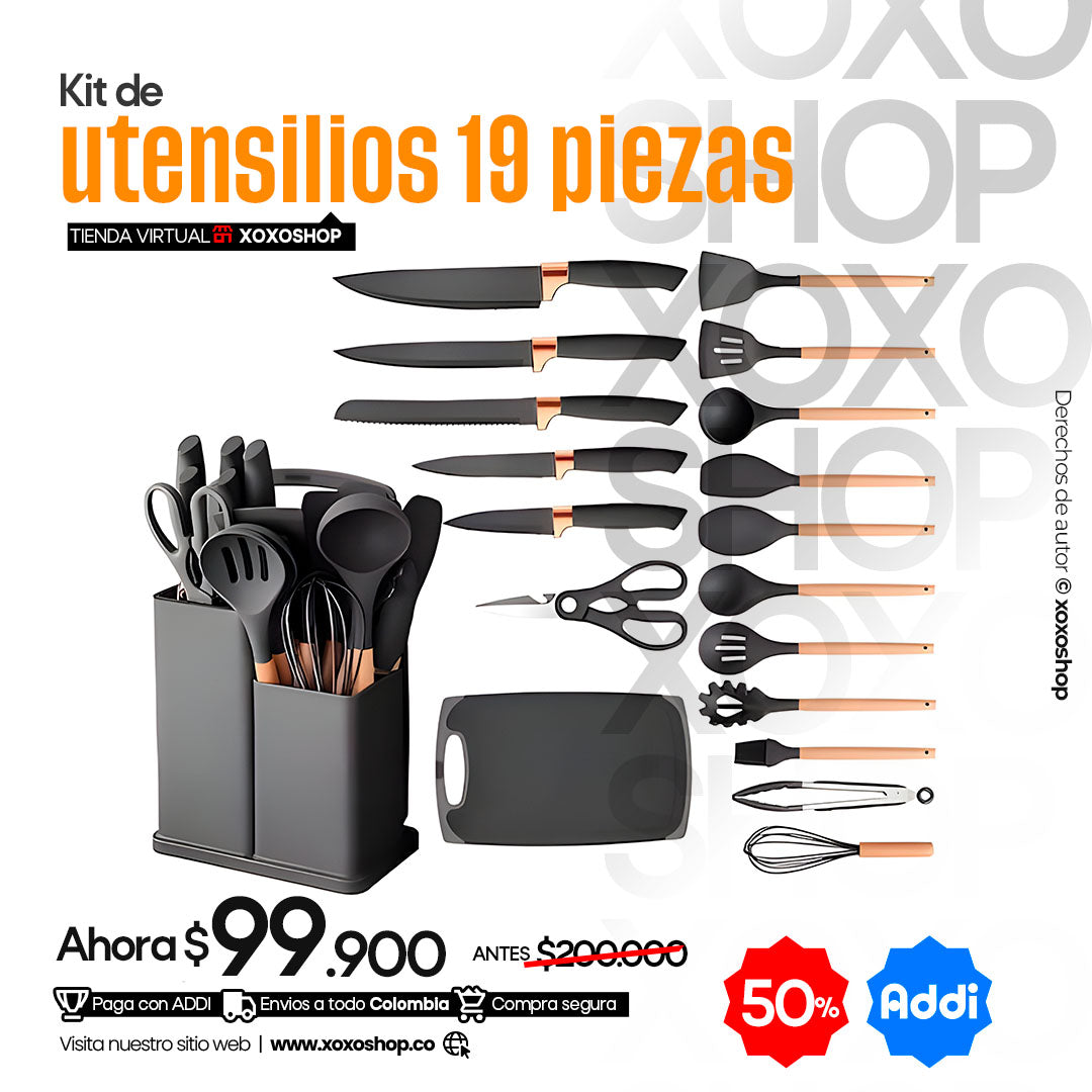 Kit de utensilios de cocina de 19 piezas con tabla
