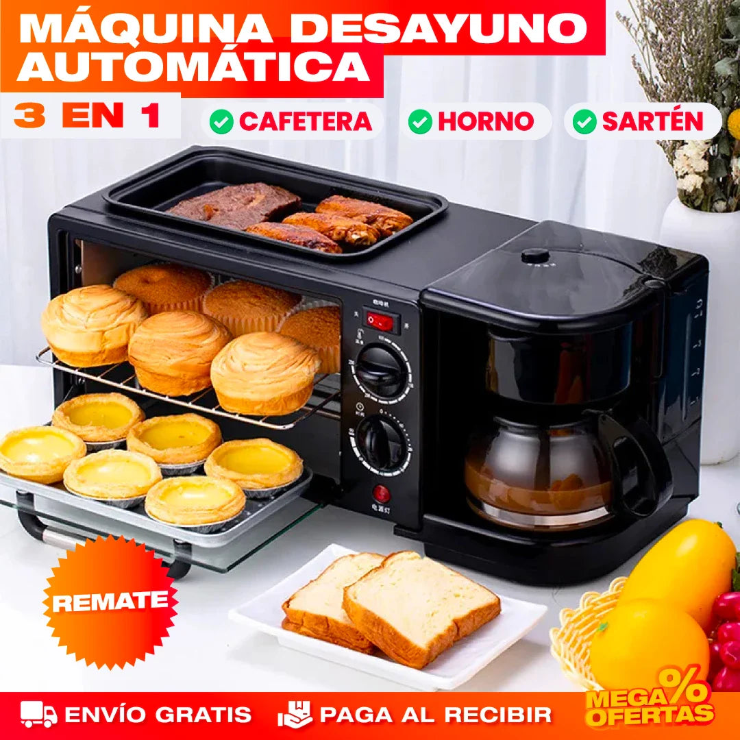 MÁQUINA DESAYUNO 3 EN 1 CAFETERA + HORNO + SARTÉN