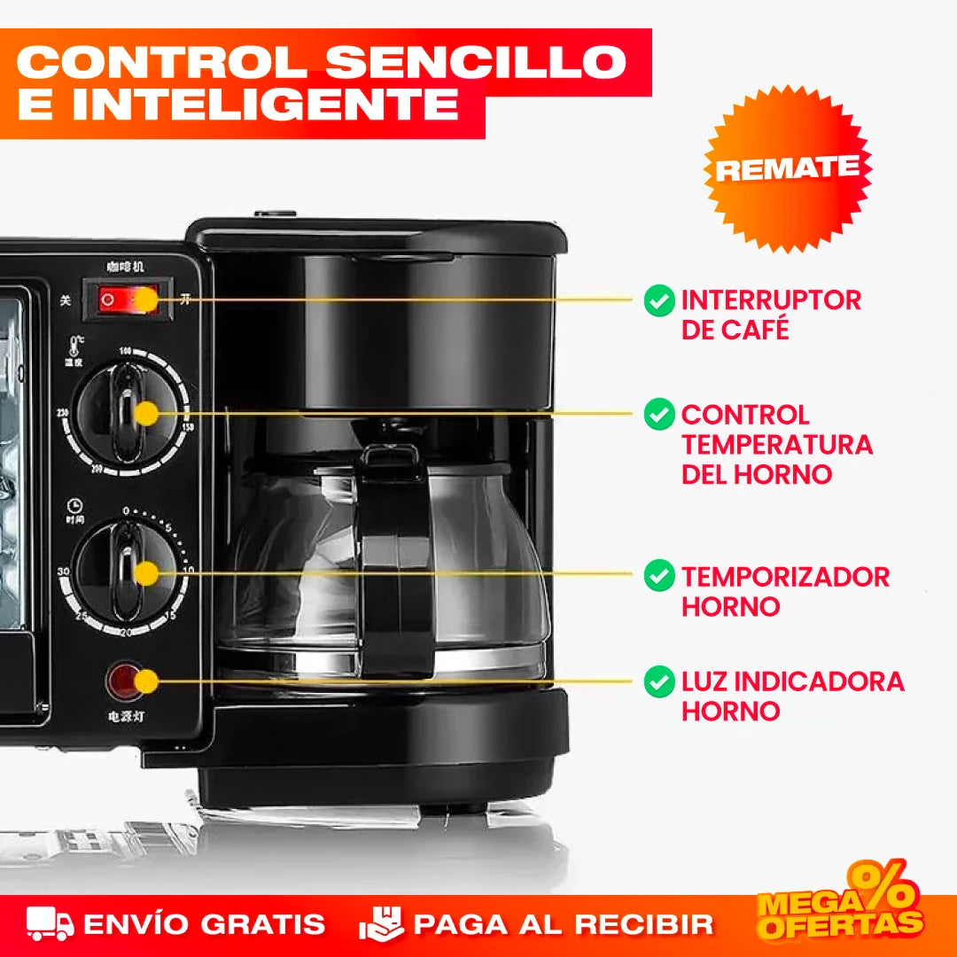 MÁQUINA DESAYUNO 3 EN 1 CAFETERA + HORNO + SARTÉN