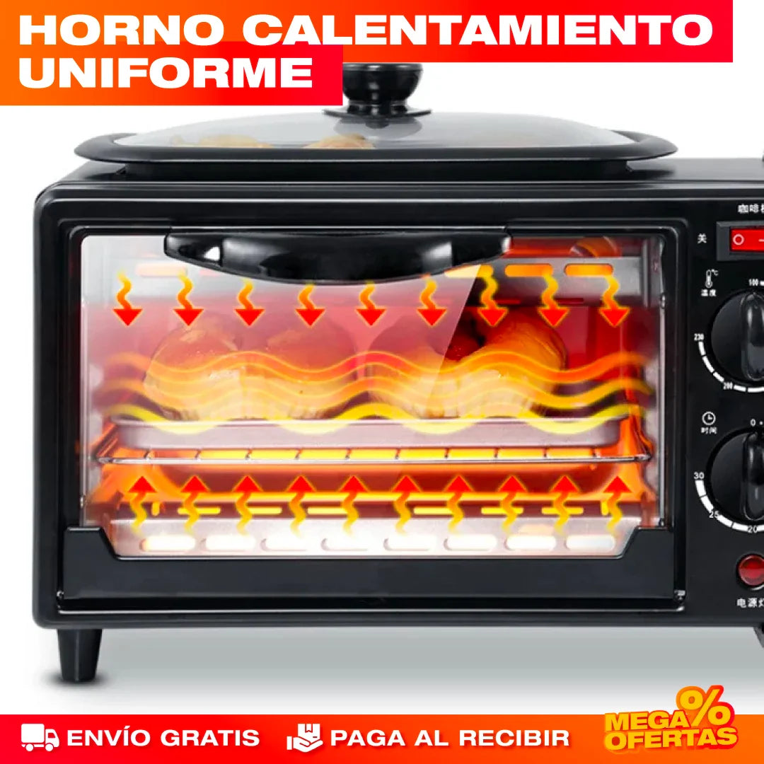 MÁQUINA DESAYUNO 3 EN 1 CAFETERA + HORNO + SARTÉN