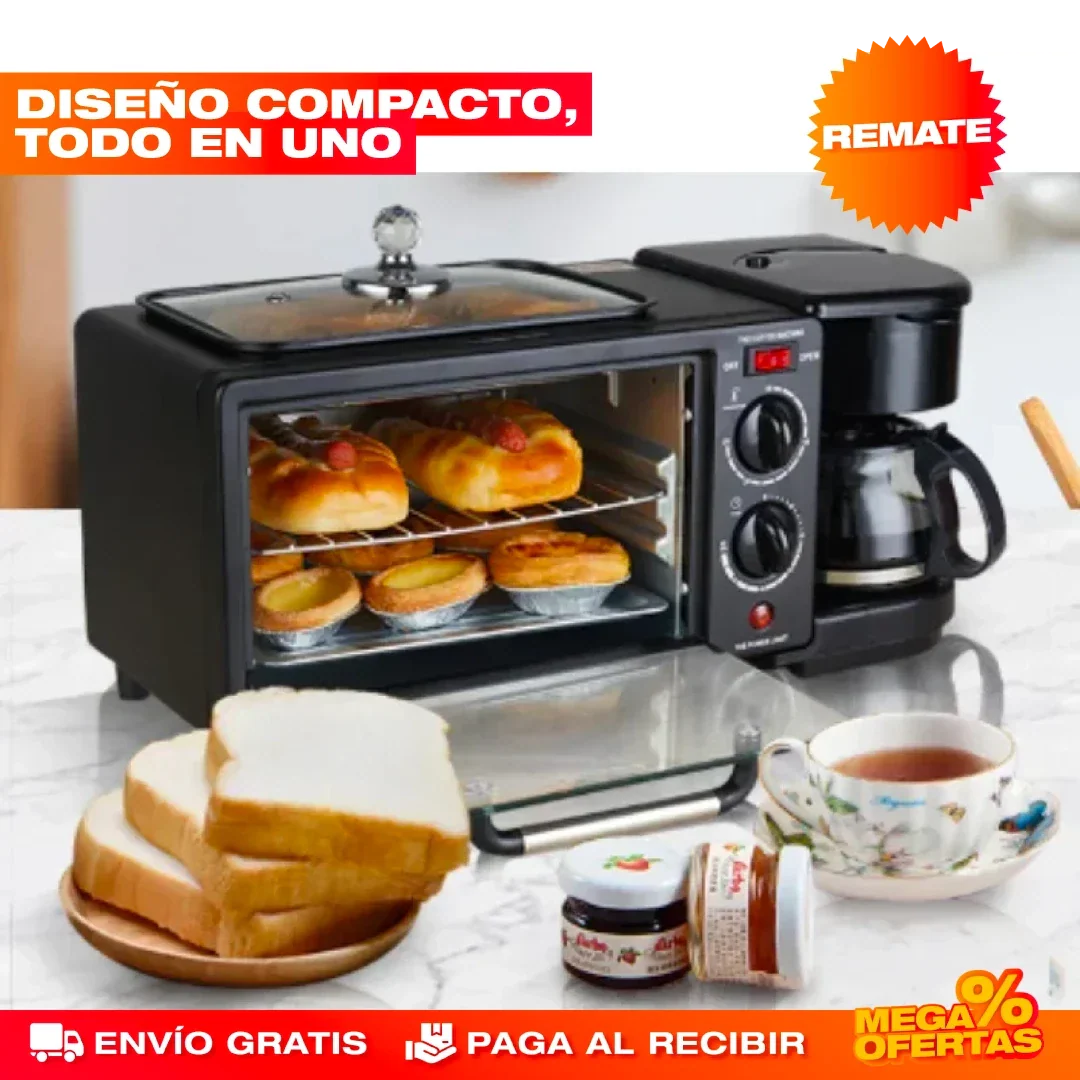 MÁQUINA DESAYUNO 3 EN 1 CAFETERA + HORNO + SARTÉN
