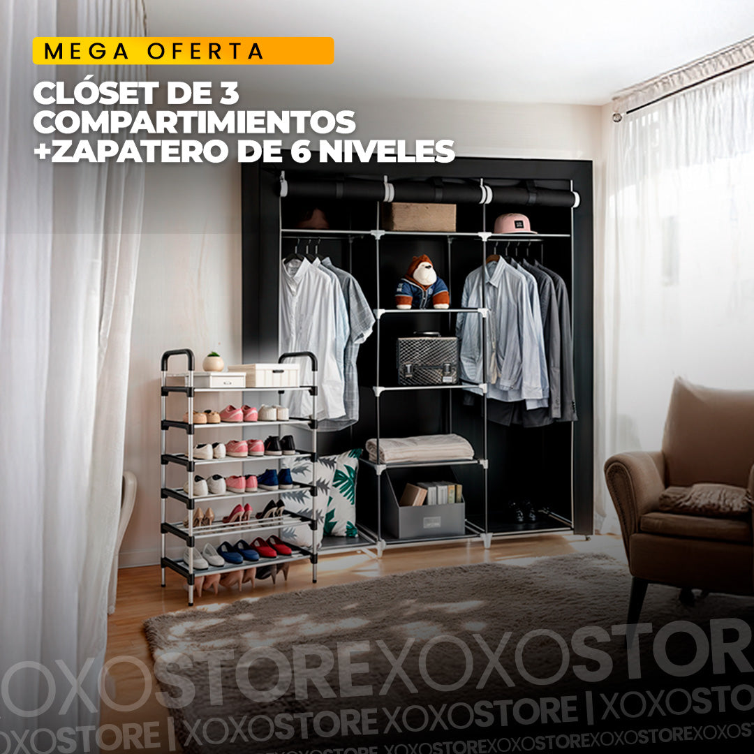 Combo  closet de 3 compartiientos+ zapatero de 6 niveles