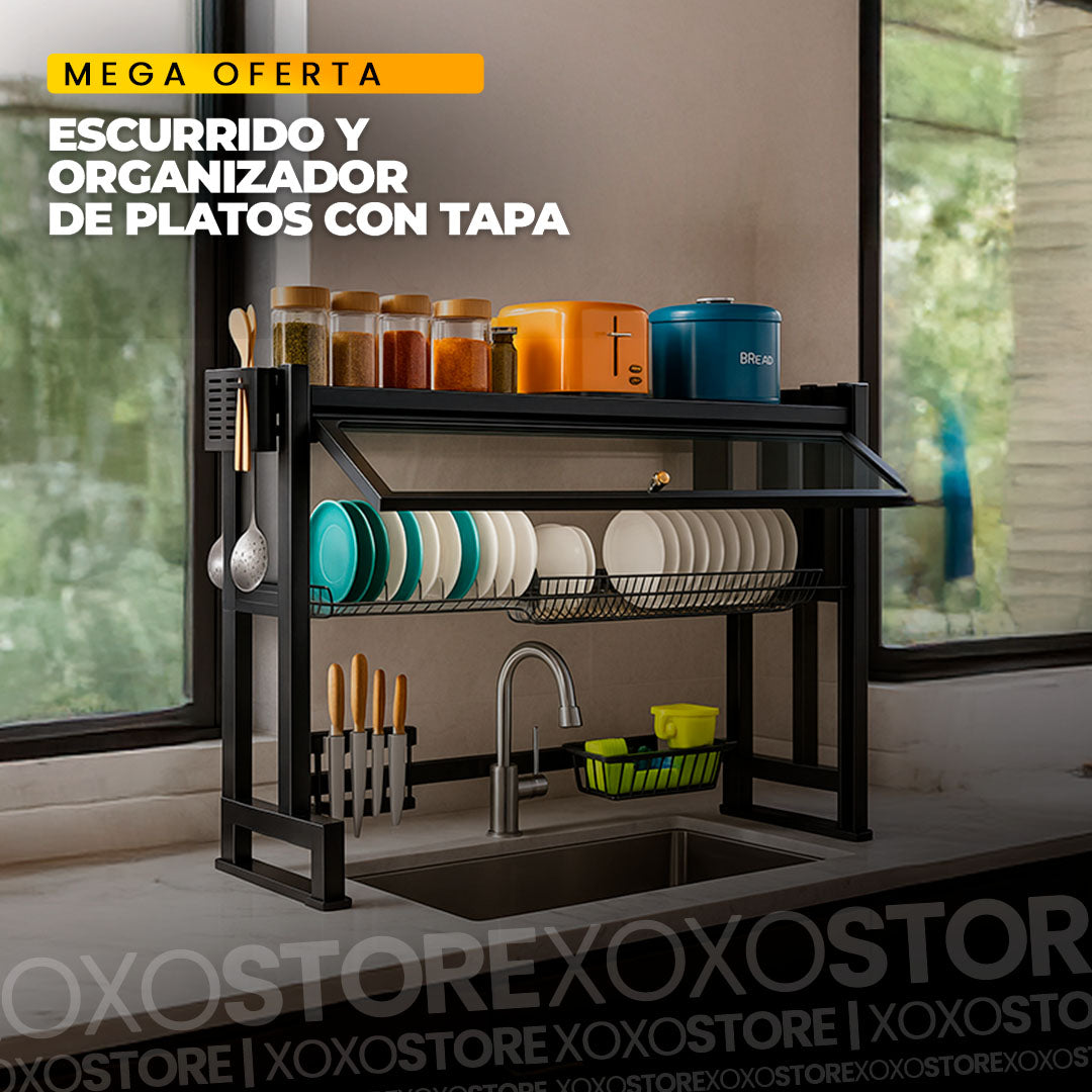Organizador y escurridor de lavaplatos con tapa