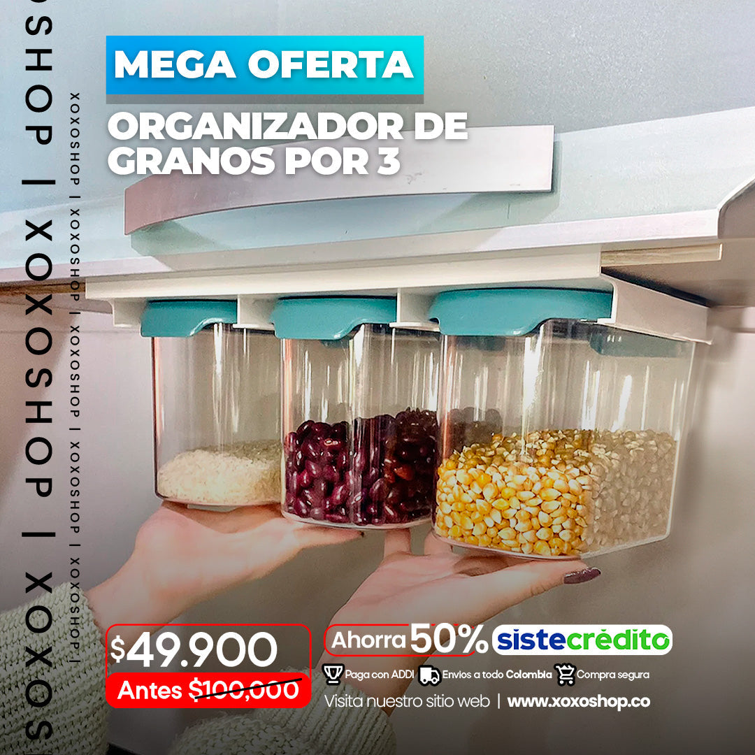 Dispensador y ogranizador de granos por 3 con adhesivo para mueble