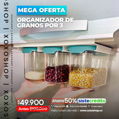 Dispensador y ogranizador de granos por 3 con adhesivo para mueble
