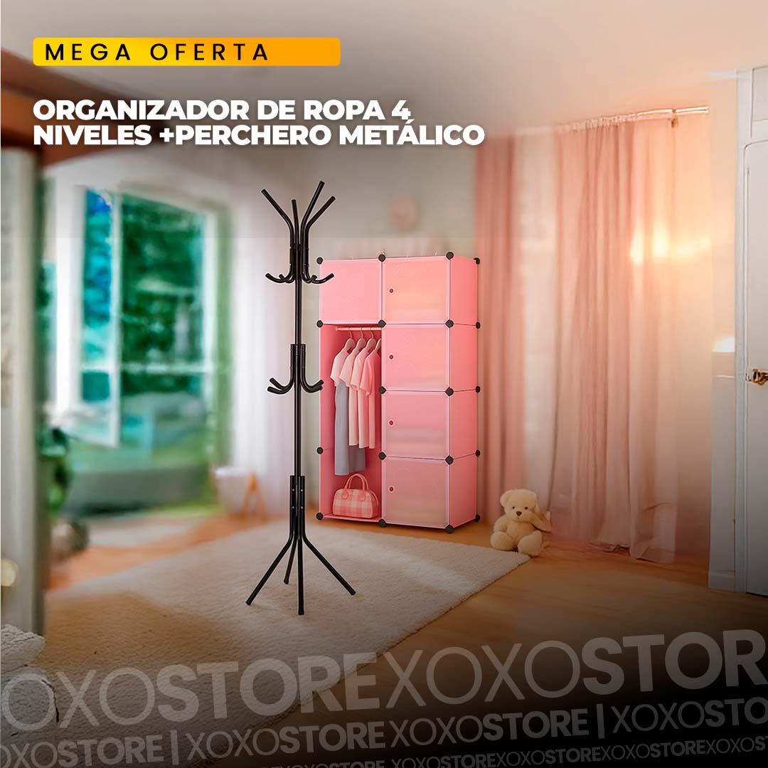 Closet organizador de 4 niveles con tapa + perchero metalico