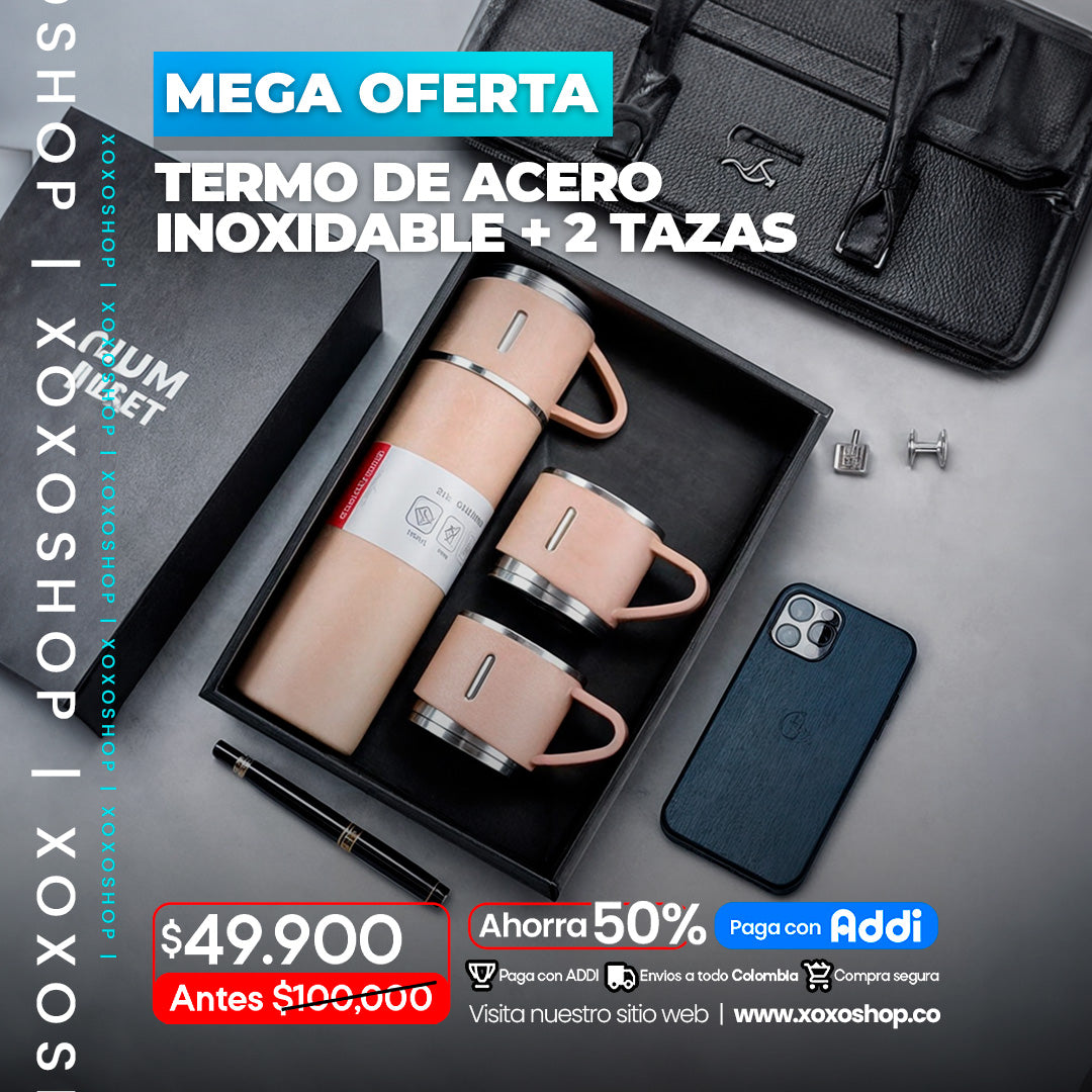 Termo de acero inoxidable mas 2 vasos