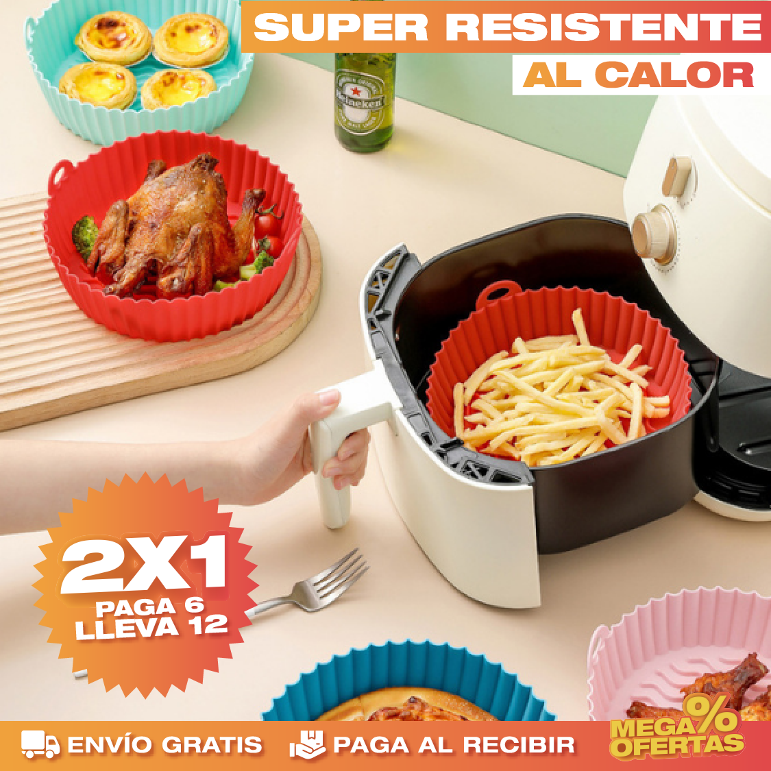 PROMO 2X1 SET DE 6 CANASTAS DE SILICONA PARA AIR FRYER