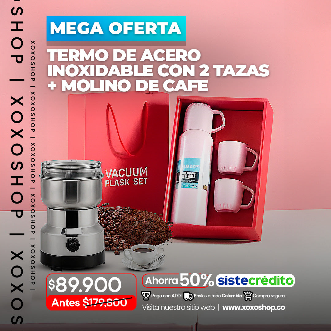 Combo cafe termo de acero con 2 tazas+ molino de cafe